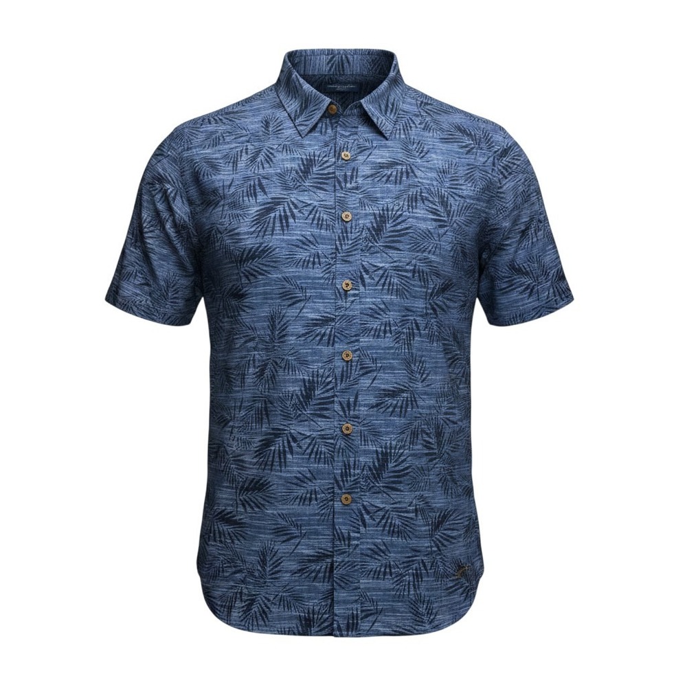 Caribbean Joe Button Down Shirt XL Blue Tropical Palm Leaf Short Sleeve Stretch